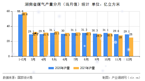 湖南省煤氣產(chǎn)量分月（當(dāng)月值）統(tǒng)計